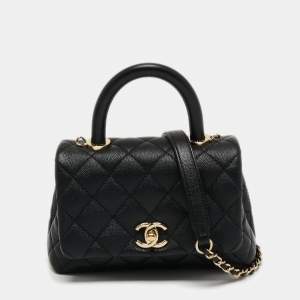 Pre Owned Chanel Black Quilted Caviar Leather Extra Mini Coco Top Handle Bag