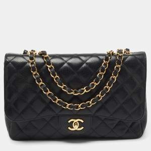 Pre Owned Chanel Black Quilted Caviar Leather Jumbo Classic Single Flap Bag