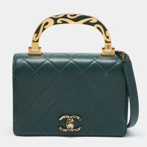 Pre Owned Chanel Green Quilted Leather Enamel Top Handle Bag