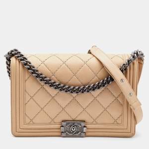 Chanel Beige Quilted Leather New Medium Wild Stitch Boy Bag