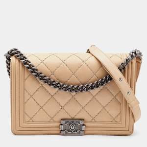 Pre Owned Chanel Beige Quilted Leather New Medium Wild Stitch Boy Bag