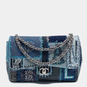 Pre Owned Chanel Blue Denim and Tweed Patchwork Jumbo Single Flap Bag