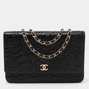 Chanel Black Camellia Leather Wallet On Chain