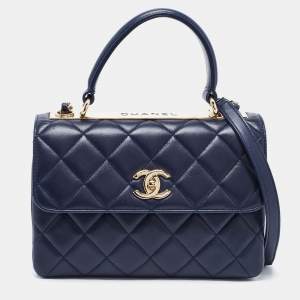 Pre Owned Chanel Navy Blue Quilted Lambskin Leather Small Trendy CC Flap Top Handle Bag
