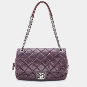 Pre Owned Chanel Burgundy Quilted Crinkled Leather Jumbo Portobello Flap Bag