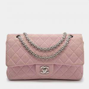 Pre Owned Chanel Light Pink Quilted Jersey Medium Classic Double Flap Bag