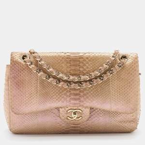Chanel Pink Holographic Effect Python Leather Jumbo Classic Double Flap Bag