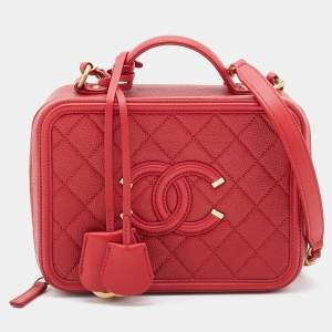 Pre Owned Chanel Red Quilted Caviar Leather Medium CC Filigree Vanity Case Bag