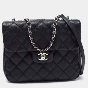 Pre Owned Chanel Black Quilted Caviar Leather Square Flap Bag
