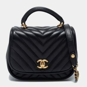 Pre Owned Chanel Black Reverse Chevron Leather Mini Round Flap Bag