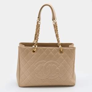 Pre Owned Chanel Beige Quilted Caviar Leather GST Tote