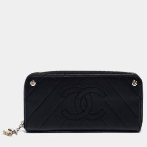 Chanel Black Chevron Leather Timeless Zip Around Wallet