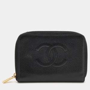 Chanel Black Quilted Leather CC Timeless Zip Around Wallet