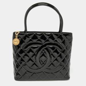 Pre Owned Chanel Black Patent Leather Medallion Tote