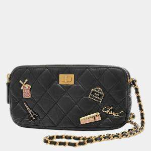 Chanel Black Leather Reissue 2.55 Double Zip Chain Clutch Bag 
