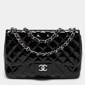 Pre Owned Chanel Black Patent Leather Jumbo Classic Single Flap Bag