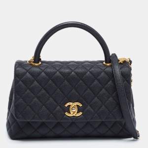 Pre Owned Chanel Black Quilted Caviar Leather Medium Coco Flap Top Handle Bag