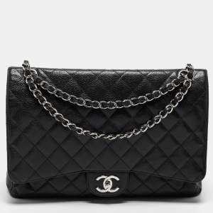Pre Owned Chanel Black Quilted Caviar Leather Maxi Classic Double Flap Bag