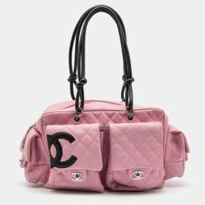 Pre Owned Chanel Pink/Black Quilted Leather Ligne Cambon Reporter Bag