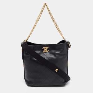 Pre Owned Chanel  Black Quilt Stitched Leather Button Up Hobo