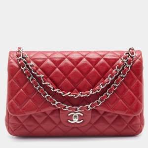 Pre Owned Chanel Red Quilted Caviar Leather Jumbo Classic Double Flap Bag