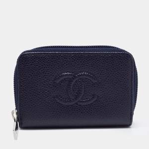 Chanel Dark Blue Caviar Leather CC Timeless Zip Around Wallet