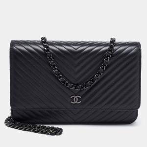 Chanel Black Chevron Leather Wallet on Chain