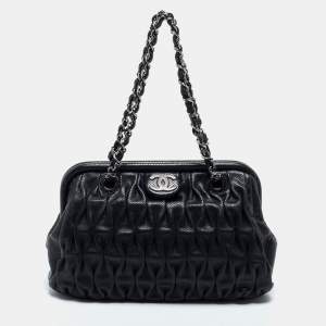 Pre Owned Chanel Black Perforated Pleated Leather CC Frame Satchel