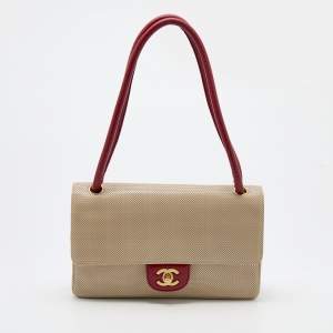 Pre Owned Chanel Beige Perforated Leather Vintage Flap Bag