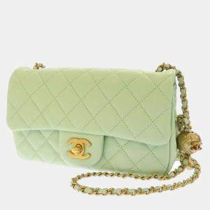 Pre Owned Chanel Green Lambskin Leather Rectangular Mini Pearl Crush Flap Bag Shoulder Bag