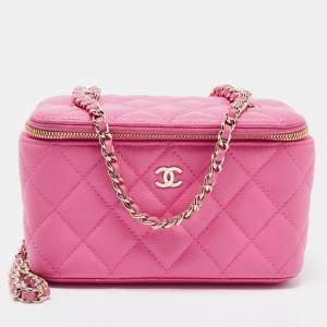 Pre Owned Chanel Pink Quilted Caviar Leather Small Vanity Case With Chain
