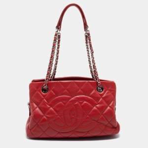 Pre Owned Chanel Red Quilted Caviar Leather CC Timeless Tote