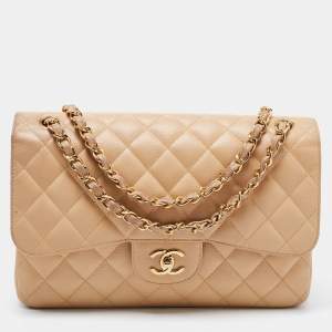 Pre Owned Chanel Beige Quilted Caviar Leather Jumbo Classic Double Flap Bag