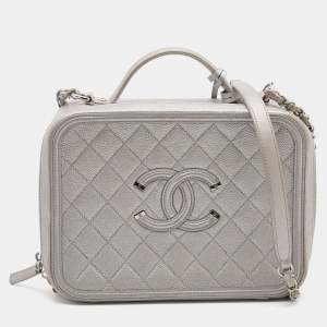 Pre Owned Chanel Silver Quilted Caviar Leather Large Filigree Vanity Bag