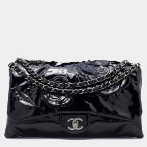 Pre Owned Chanel Black Patent Leather Paris Shanghai Camellia Flap Bag