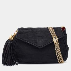 Pre Owned Chanel Black Quilted Satin Vintage Tassel Flap Bag