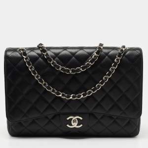 Pre Owned Chanel Black Quilted Caviar Leather Maxi Classic Double Flap Bag