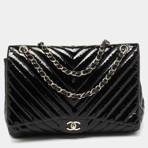 Pre Owned Chanel Black Chevron Patent Leather Maxi Classic Single Flap Bag