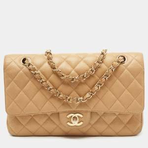 Pre Owned Chanel Beige Quilted Caviar Leather Medium Classic Double Flap Bag