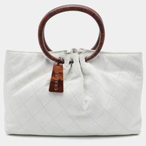 Pre Owned Chanel White Quilted Leather Wooden Handle Bag