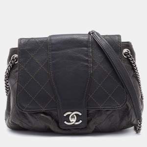 Pre Owned Chanel Dark Grey Quilted Leather Whipstitch Flap Bag