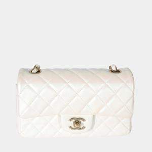 Pre Owned Chanel White Iridescent Lambskin Mini Rectangular Flap Bag