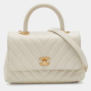 Pre Owned Chanel White Chevron Quilted Caviar Leather Mmall Coco Handle Bag