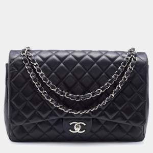 Pre Owned Chanel Black Quilted Leather Maxi Classic Double Flap Bag