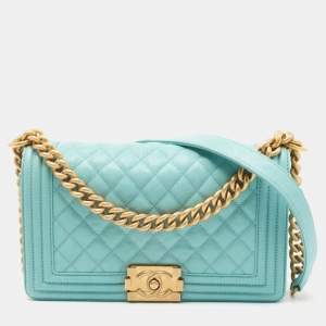 Pre Owned Chanel Turquoise Quilted Caviar Leather Medium Boy Bag