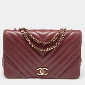 Pre Owned Chanel Burgundy Chevron Leather Medium Statement Flap Bag