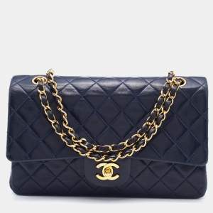 Pre Owned Chanel Navy Blue Quilted Leather Medium Classic Double Flap Bag
