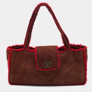Chanel Brown/Red Suede and Wool CC Vintage Flap Bag