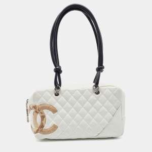 Pre Owned Chanel White Quilted Leather and Python Embossed CC Ligne Cambon Bag