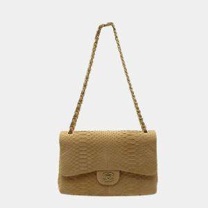 Chanel Beige Python Leather Jumbo Classic Double Flap Shoulder Bag